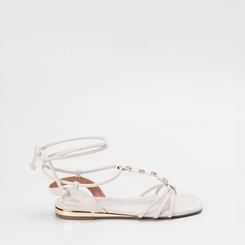 Sandália Feminina Gabriela Detalhe Metalizado Flor Amarração Off-White