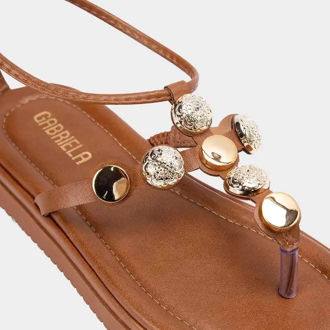 Sandália Feminina Gabriela Amarração Flatform Tachas Caramelo