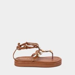Sandália Feminina Gabriela Amarração Flatform Tachas Caramelo