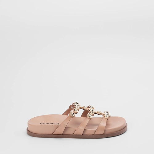 Tamanco Rasteiro Feminino Gabriela Aplicação De Tachas Arredondadas Metalizadas Nude