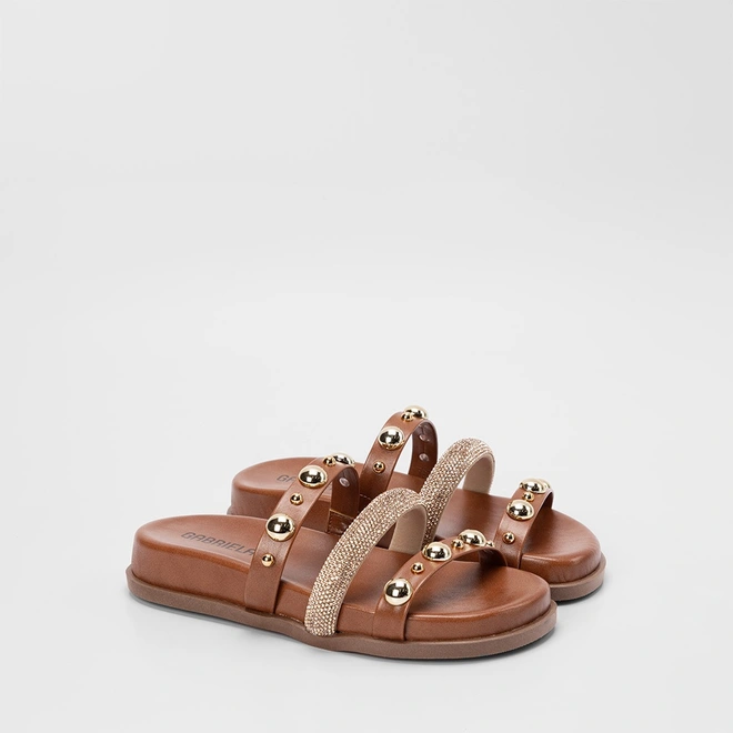 Tamanco Feminino Gabriela Detalhe Strass & Esferas Caramelo