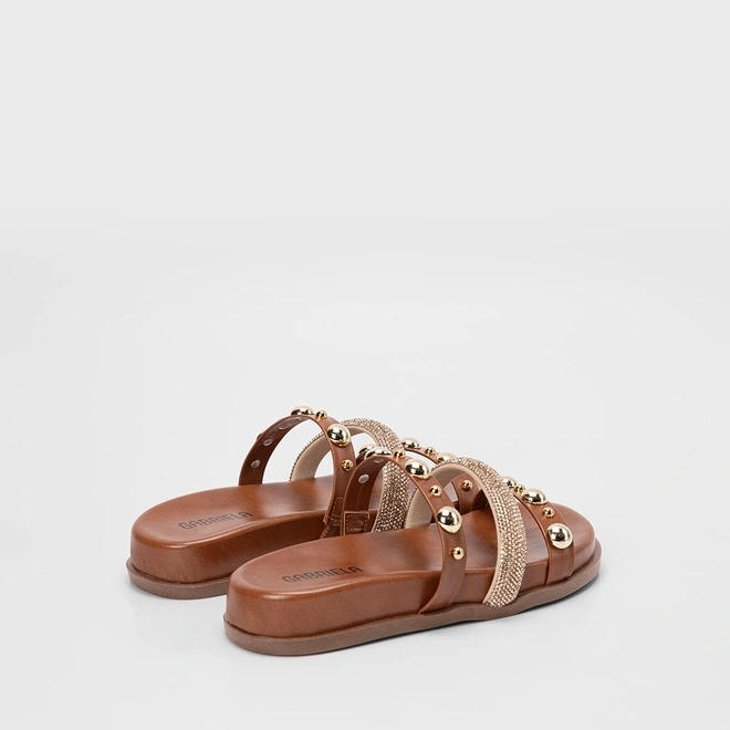 Tamanco Feminino Gabriela Detalhe Strass & Esferas Caramelo