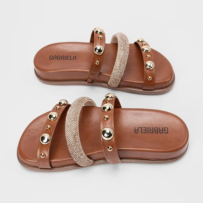 Tamanco Feminino Gabriela Detalhe Strass & Esferas Caramelo