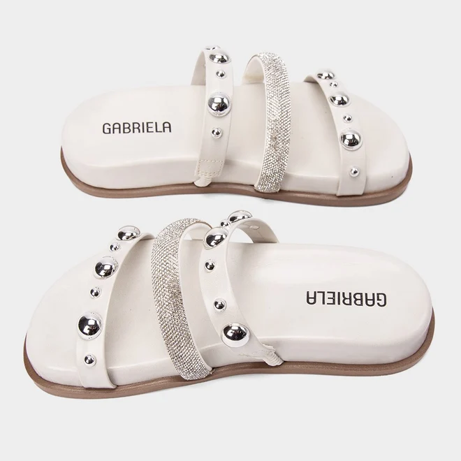 Tamanco Feminino Gabriela Detalhe Strass & Esferas Off White