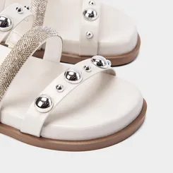Tamanco Feminino Gabriela Detalhe Strass & Esferas Off White