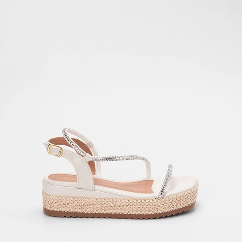 Sandália Feminina Gabriela Ráfia & Strass Off White