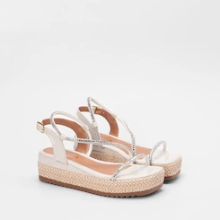 Sandália Feminina Gabriela Ráfia & Strass Off White
