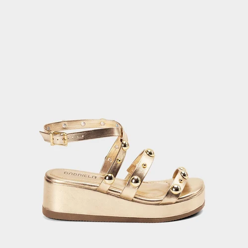 Sandália Plataforma Média Feminina Gabriela Tachas Ouro