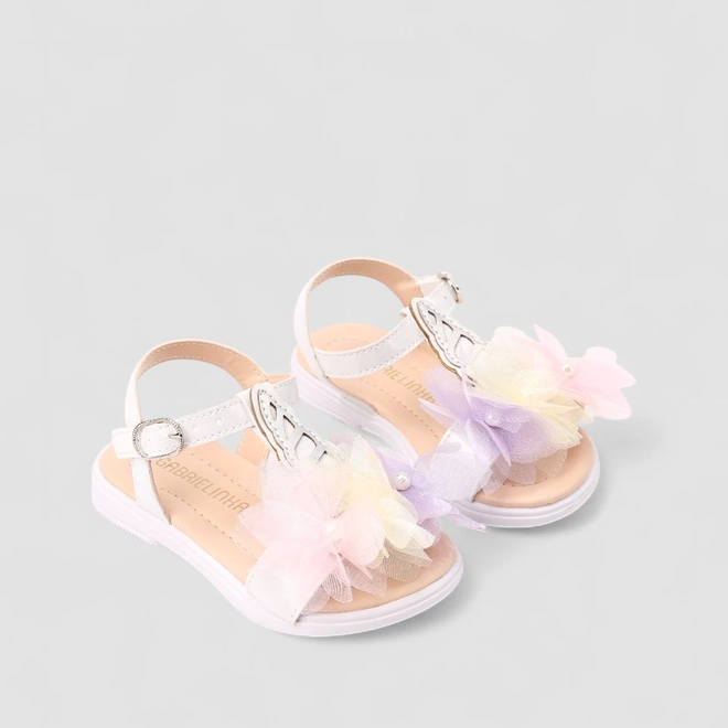 Sandália Infantil Gabrielinha Flores Coloridas Branca