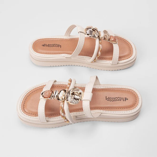 Tamanco Feminino Mississipi Flatform Detalhe Pedraria Off White