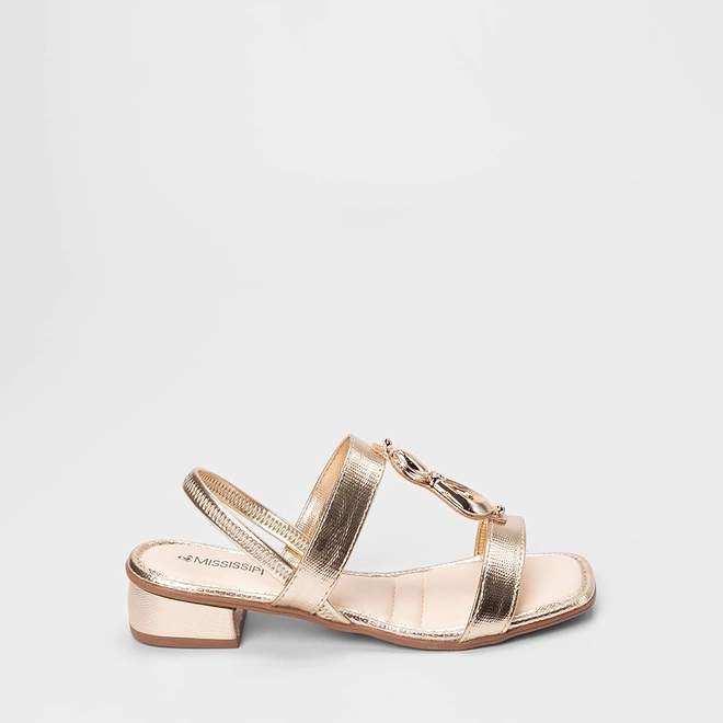 Sandália Feminina Mississipi Salto Baixo Flat Textura Snake Metalizado Ouro