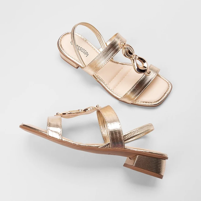 Sandália Feminina Mississipi Salto Baixo Flat Textura Snake Metalizado Ouro