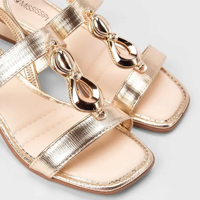 Sandália Feminina Mississipi Salto Baixo Flat Textura Snake Metalizado Ouro