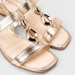 Sandália Feminina Mississipi Salto Baixo Flat Textura Snake Metalizado Ouro