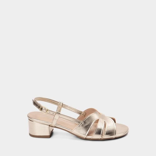 Sandália Feminina Penélope Salto Médio Bloco Recorte Vazado Metalizado Ouro