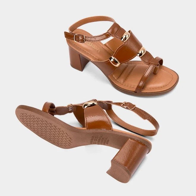 Sandália Feminina Mississipi Salto Grosso Médio Enfeite Bold Caramelo