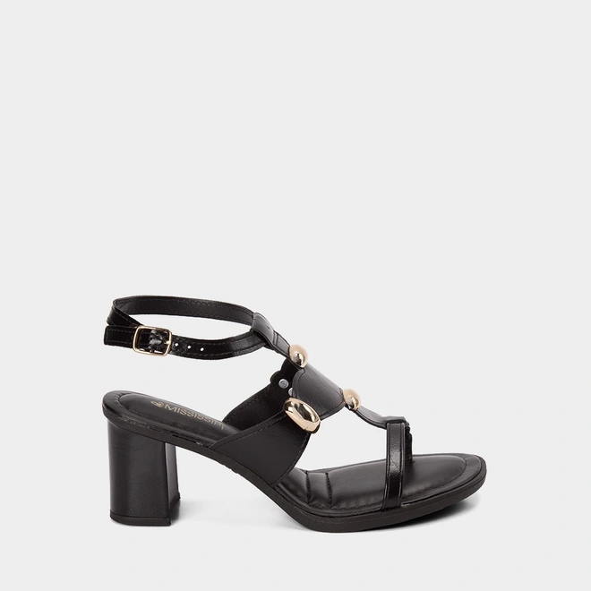 Sandália Feminina Mississipi Salto Grosso Médio Enfeite Bold Preto