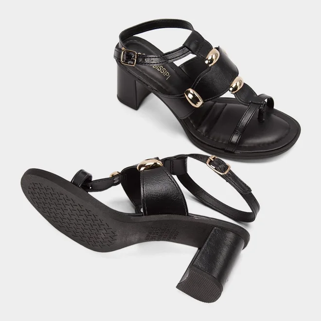 Sandália Feminina Mississipi Salto Grosso Médio Enfeite Bold Preto