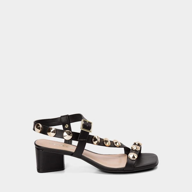 Sandália Feminina Penélope Salto Geométrico Tachas Preto