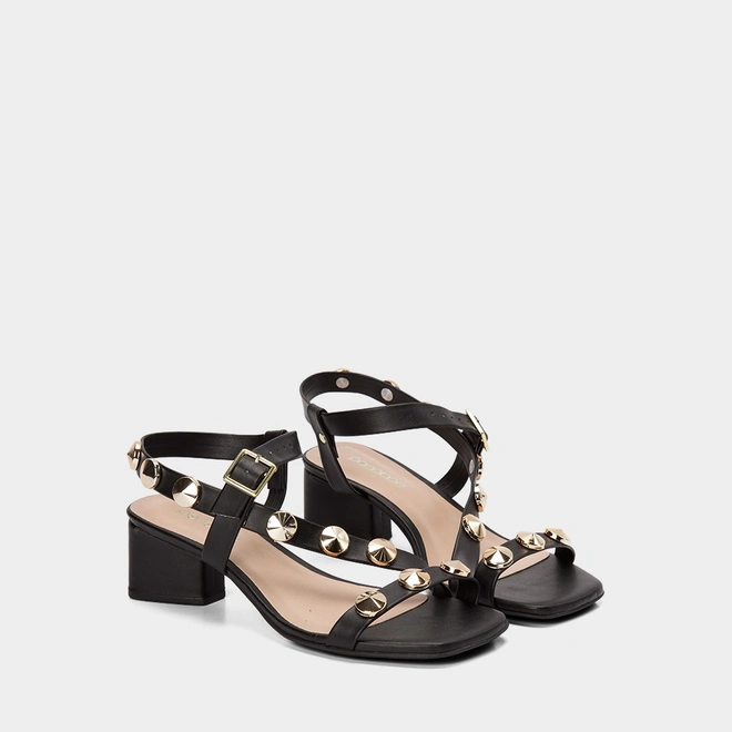 Sandália Feminina Penélope Salto Geométrico Tachas Preto
