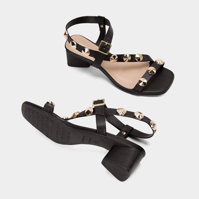 Sandália Feminina Penélope Salto Geométrico Tachas Preto
