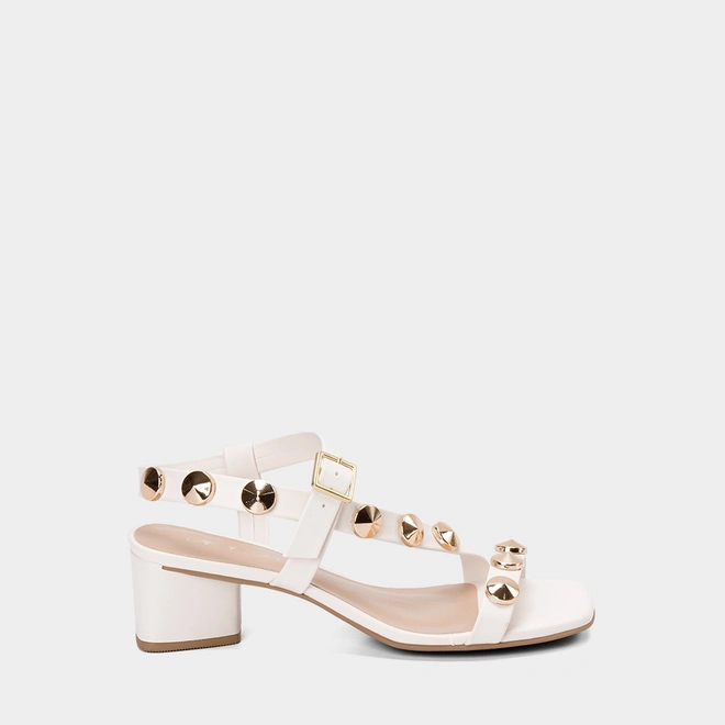 Sandália Feminina Penélope Salto Geométrico Tachas Off White