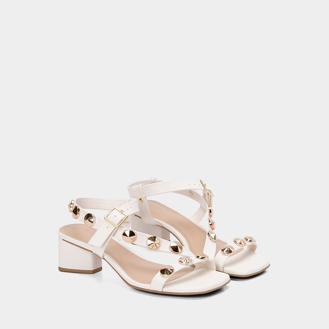 Sandália Feminina Penélope Salto Geométrico Tachas Off White