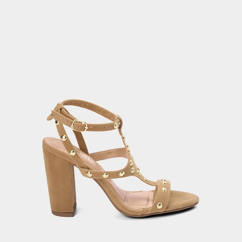 Sandália Feminina Gabriela Salto Grosso Alto Detalhe Tachas Camurça Bege