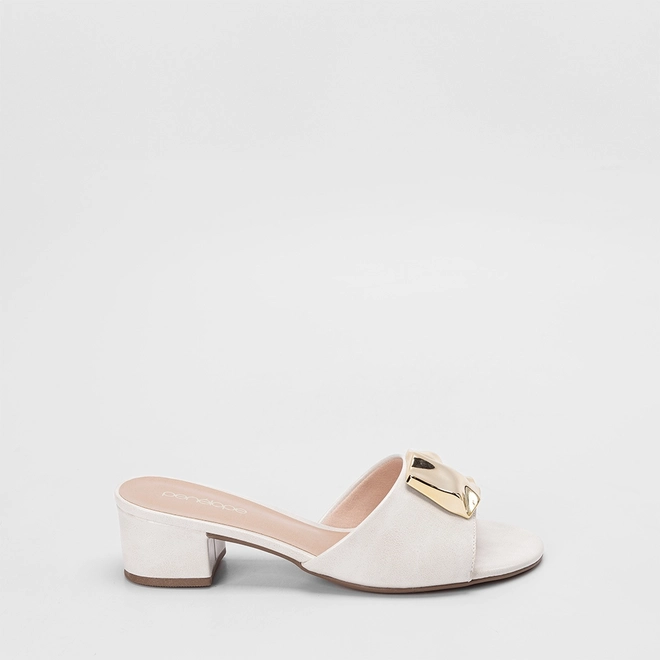 Tamanco Feminino Penélope Salto Bloco Enfeite Metálico Off White
