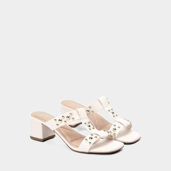 Tamanco Feminino Gabriela Salto Médio Bloco Detalhe Esferas Off White