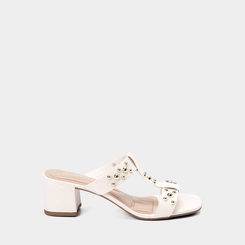 Tamanco Feminino Gabriela Salto Médio Bloco Detalhe Esferas Off White