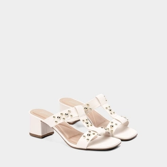 Tamanco Feminino Gabriela Salto Médio Bloco Detalhe Esferas Off White