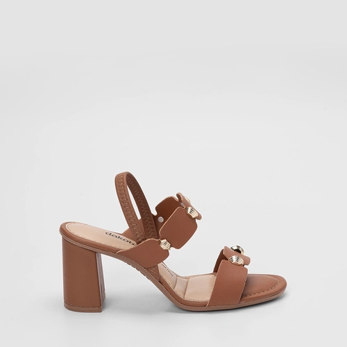 Sandália Feminina Dakota Salto Médio Bloco Detalhe Metalizado Caramelo