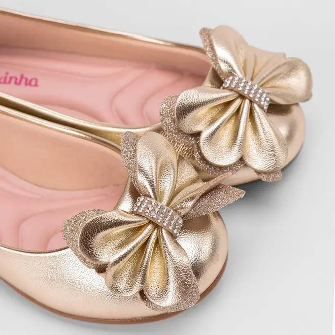 Sapatilha Infantil Molekinha Strass Detalhe Laço Ouro