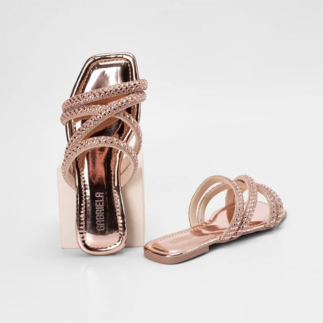 Rasteira Feminina Gabriela Multitiras Detalhe Strass Rose Gold
