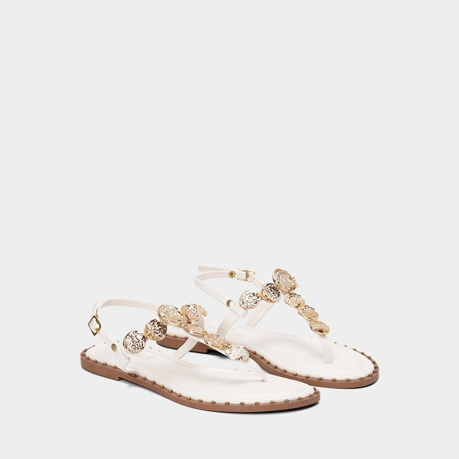 Sandália Rasteira Feminina Gabriela Detalhe Metalizado Off White
