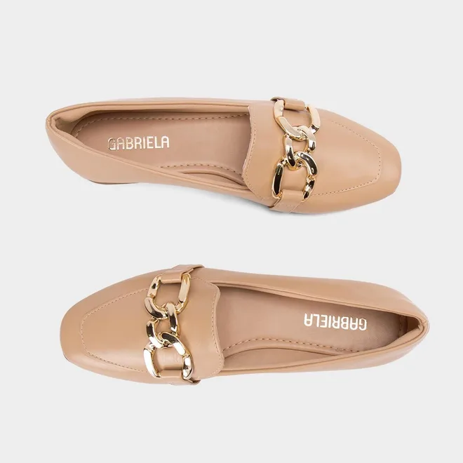Mocassim Feminino Gabriela Enfeite de corrente Bege