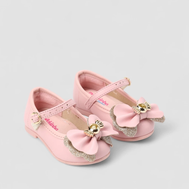 Sapatilha Bebê Molekinha Boneca Laço Dourado Glitter Rosa