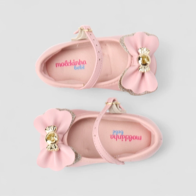 Sapatilha Bebê Molekinha Boneca Laço Dourado Glitter Rosa