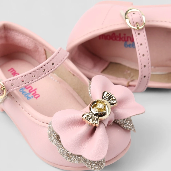 Sapatilha Bebê Molekinha Boneca Laço Dourado Glitter Rosa