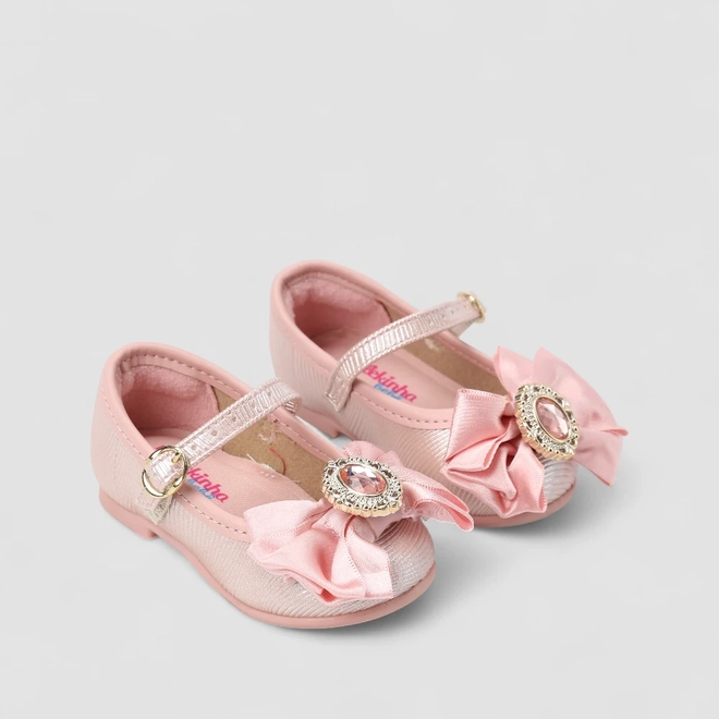 Sapatilha Bebê Molekinha Boneca Laço Pedraria Rosa