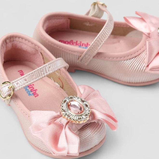 Sapatilha Bebê Molekinha Boneca Laço Pedraria Rosa