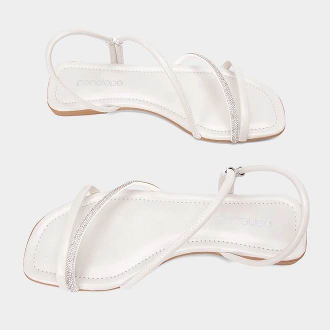 Sandália Rasteira Feminina Penélope Detalhe Strass Off White
