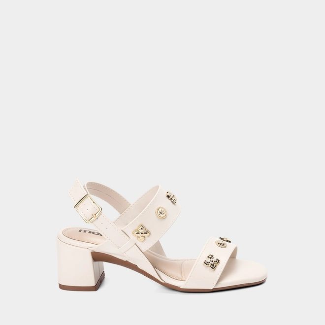 Sandália Feminina Moleca Salto Bloco Médio Tachas Flor Off White