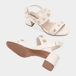 Sandália Feminina Moleca Salto Bloco Médio Tachas Flor Off White
