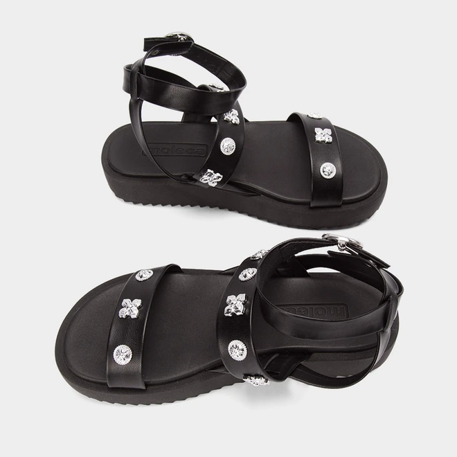 Sandália Flatform Tratorada Feminina Moleca Com Aplicações Em Flor Preto
