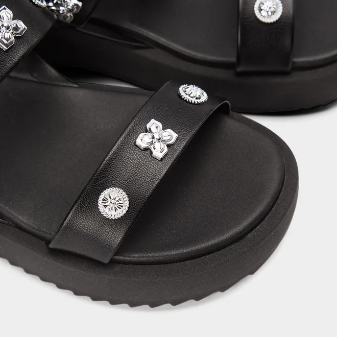 Sandália Flatform Tratorada Feminina Moleca Com Aplicações Em Flor Preto