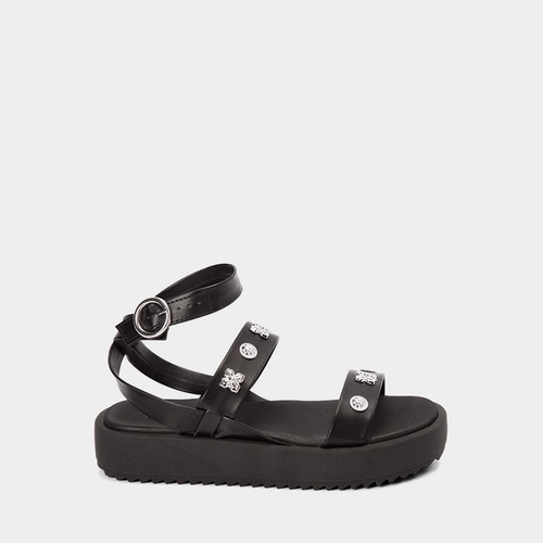 Sandália Flatform Tratorada Feminina Moleca Com Aplicações Em Flor Preto