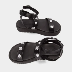Sandália Flatform Tratorada Feminina Moleca Com Aplicações Em Flor Preto