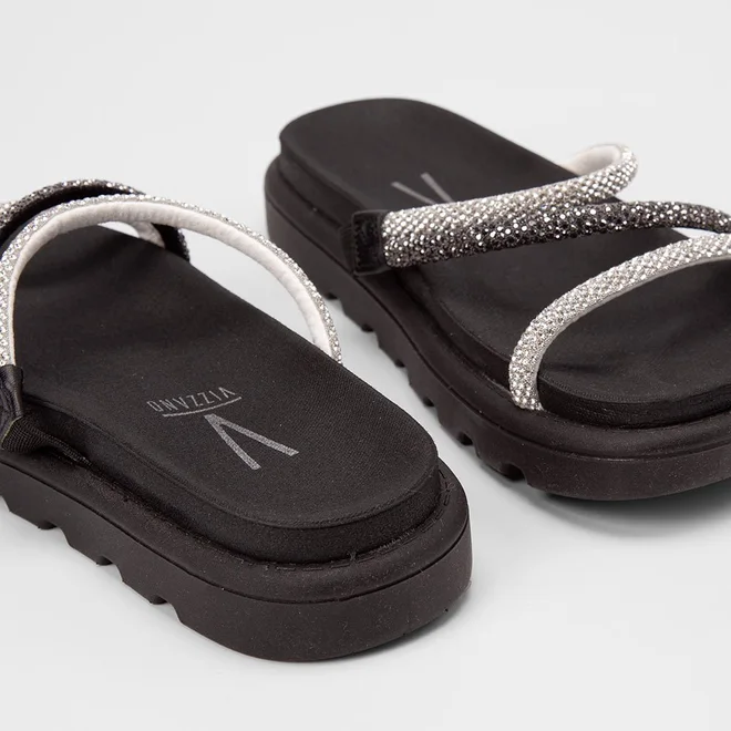 Tamanco Feminino Vizzano Original Flatform Tiras Strass Preto